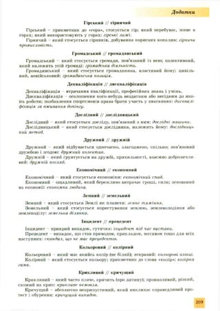 Додат ки
Гірський // гірничий
Гірський - прикметник до «гора», стосується гір; який перебуває, живе в
горах; який використовують у горах: гірські лижі.
Гірничий - який стосується гірників, добування корисних копалин: гірнича
промисловість.
Громадський // громадянський
Громадський - який стосується громади, пов’язаний із нею; колективний,
який належить усій громаді: громадська діяльність.
Громадянський який стосується громадянина, властивий йому; цивіль­
ний, невійськовий: громадянська по.іиція.
Декваліфікація // дискваліфікація
Декваліфікація втрачання кваліфікації, професійних знань і умінь.
Дискваліфікація оголошення кого-небудь нездатним або негідним до яко­
їсь роботи; позбавлення спортсменів права брати участь у змаганнях: дисквалі
фікація за вживання допінгу.
Дослідний // дослідницький
Дослідний який стосується досліду, пов’язаний з ним: дослідні машини.
Дослідницький - який стосується дослідника, належить йому: дослідниць
кии метод.
Дружний // дружній
Дружний який відбувається одночасно, злагоджено, спільно; пов'язаний
дружбою і згодою: дружний колектив.
Дружній - який ґрунтується на дружбі, прихильності, взаємно доброзичли­
вий: дружній, погляд.
Економічний // економний
Економічний який стосується економіки: економічний спад.
Економний - ощадливий, який бережливо витрачає гроші, сили; оснований
на економії: економна людина.
Земний // земельний
Земний - який стосується Землі як планети: земне тяжіння.
Земельний - який стосується користування землею, землеволодіння або
землеподілу: земельна ділянка.
Інцидент // прецедент
Інцидент прикрий випадок, сутичка: інцидент під час вистави.
Прецедент - випадок, що став приводом, прикладом, мотивом тощо для всіх
наступних: скандал, що не мас прецедентів.
Кольоровий // колірний
Кольоровий - який має якийсь колір (не білий); яскравий: кольорові олівці.
Колірний - який стосується кольору; прикметник до слова «колір»: колірна
гама.
Крикливий // кричущий
Крикливий - який часто плаче, кричить (про дитину); пронизливий, різкий,
схожий на крик: крикливе немовля.
Кричущий - абсолютно неприпустимий, який викликає справедливий про­
тест і обурення: кричущий випадок.
209
 