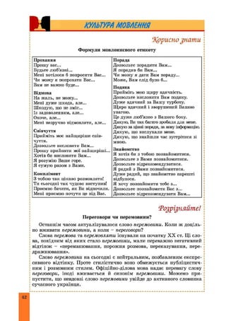 КУЛЬТУРАМОВЛЕННЯ
5Кориснознати
Формули мовленнєвого етикету
Прохання
Прошу вас...
Будьте люб’язні...
Мені хотілося б попросити Вас...
Чи можу я попрохати Вас...
Вам не важко буде...
Відмова
На жаль, не можу...
Мені дуже шкода, але...
Шкодую, що не зміг...
Із задоволенням, але...
Охоче, але...
Мені незручно відмовляти, але...
Співчуття
Прийміть моє найщиріше спів­
чуття.
Дозвольте висловити Вам...
Прошу прийняти мої найщиріші...
Хотів би висловити Вам...
Я розумію Ваше горе.
Я сумую разом з Вами.
Комплімент
З тобою так цікаво розмовляти!
Ти сьогодні так чудово виступив!
Приємно бачити, як Ви відпочили.
Мені приємно почути це від Вас.
Порада
Дозвольте порадити Вам...
Я порадив би Вам...
Чи можу я дати Вам пораду...
Може, Вам слід було б...
Подяка
Прийміть мою щиру вдячність.
Дозвольте висловити Вам подяку.
Дуже вдячний за Вашу турботу.
Щиро вдячний і зворушений Вашою
увагою.
Це дуже люб’язно з Вашого боку.
Дякую, Ви так багато зробили для мене.
Дякую за цінні поради, за нову інформацію.
Дякую, що вислухали мене.
Дякую, що знайшли час зустрітися зі
мною.
Знайомство
Я хотів би з тобою познайомитися.
Дозвольте з Вами познайомитися.
Дозвольте відрекомендуватися.
Я радий з Вами познайомитися.
Дуже радий, що знайомство нарешті
відбулося.
Я хочу познайомити тебе з...
Дозвольте познайомити Вас з...
Дозвольте відрекомендувати Вам...
Р о з р із н я й т е !
Переговори чи перемовини?
Останнім часом актуалізувалося слово перемовини. Коли ж доціль­
но вживати перемовини, а коли - переговори?
Слова перемови та перемовляти існували на початку XX ст. Ці сло­
ва, похідним від яких стало перемовини, мали переважно негативний
відтінок - «переманювання, порожня розмова, переказування, пере­
дражнювання».
Слово перемовини на сьогодні є нейтральним, позбавленим експре­
сивного відтінку. Проте стилістично воно обмежується публіцистич­
ним і розмовним стилем. Офіційно-ділова мова надає перевагу слову
переговори, іноді вживається й синонім перемовини. Можемо при­
пустити, що невдовзі слово перемовини увійде до активного словника
сучасного українця.
 