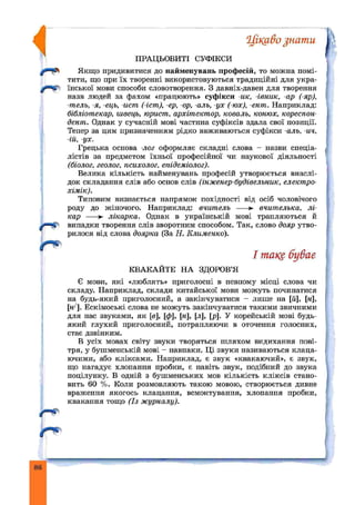 іМкаво^namu
ПРАЦЬОВИТІ СУФІКСИ
Якщо придивитися до найменувань професій, то можна помі­
тити, що при їх творенні використовуються традиційні для укра­
їнської мови способи словотворення. З давніх-давен для творення
назв людей за фахом «працюють» суфікси -ик, -і,вник, -ар (яр),
-тель, -я, -ець, -ист ( іст), -ер, -ор, -аль, -ух (ю х), -ент. Наприклад:
бібліотекар, швець, юрист, архітектор, коваль, конюх, кореспон­
дент. Однак у сучасній мові частина суфіксів здала свої позиції.
Тепер за цим призначенням рідко ввживаються суфікси -аль, -ич,
-ІН, -ух.
Грецька основа -лог оформляє складні слова - назви спеціа­
лістів за предметом їхньої професійної чи наукової діяльності
(біолог, геолог, психолог, епідеміолог).
Велика кількість найменувань професій утворюється внаслі­
док складання слів або основ слів (інженер-будівельник, електро­
хімік).
Типовим визнається напрямок похідності від осіб чоловічого
роду до жіночого. Наприклад: вчитель ---- *- вчителька, лі­
кар ---- ► лікарка. Однак в українській мові трапляються й
випадки творення слів зворотним способом. Так, слово дояр утво­
рилося від слова доярка (За Н. Клименко).
І таке буває
КВАКАЙТЕ НА ЗДОРОВ’Я
Є мови, які «люблять» приголосні в певному місці слова чи
складу. Наприклад, склади китайської мови можуть починатися
на будь-який приголосний, а закінчуватися - лише на [й], [«],
[н/]. Ескімоські слова не можуть закінчуватися такими звичними
для нас звуками, як [в], ф], |к], [л], [р]. У корейській мові будь-
який глухий приголосний, потрапляючи в оточення голосних,
стає дзвінким.
В усіх мовах світу звуки творяться шляхом видихання пові­
тря, у бушменській мові - навпаки. Ці звуки називаються клаца­
ючими, або кліксами. Наприклад, є звук «квакаючий», є звук,
що нагадує хлопання пробки, є навіть звук, подібний до звука
поцілунку. В одній з бушменських мов кількість кліксів стано­
вить 60 %. Коли розмовляють такою мовою, створюється дивне
враження якогось клацання, всмоктування, хлопання пробки,
квакання тощо (Із журналу).
 