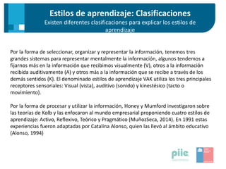 Estilos de aprendizaje: Clasificaciones
Existen diferentes clasificaciones para explicar los estilos de
aprendizaje
Por la forma de seleccionar, organizar y representar la información, tenemos tres
grandes sistemas para representar mentalmente la información, algunos tendemos a
fijarnos más en la información que recibimos visualmente (V), otros a la información
recibida auditivamente (A) y otros más a la información que se recibe a través de los
demás sentidos (K). El denominado estilos de aprendizaje VAK utiliza los tres principales
receptores sensoriales: Visual (vista), auditivo (sonido) y kinestésico (tacto o
movimiento).
Por la forma de procesar y utilizar la información, Honey y Mumford investigaron sobre
las teorías de Kolb y las enfocaron al mundo empresarial proponiendo cuatro estilos de
aprendizaje: Activo, Reflexivo, Teórico y Pragmático (MuñozSeca, 2014). En 1991 estas
experiencias fueron adaptadas por Catalina Alonso, quien las llevó al ámbito educativo
(Alonso, 1994)
 