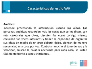 Características del estilo VAK
Auditivo:
Aprende procesando la información usando los oídos. Las
personas auditivas recuerdan más las cosas que se les dicen, son
más cerebrales que otros, discuten las cosas consigo mismo,
escuchan sus voces interiores y tienen la capacidad de organizar
sus ideas en medio de un gran debate lógico, piensan de manera
secuencial, una cosa por vez. Controlan mucho el tono de voz y la
velocidad, buscan la palabra adecuada para cada cosa, se irritan
fácilmente frente a tonos chirriantes.
 