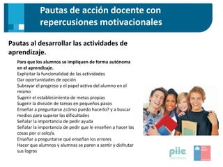 Pautas de acción docente con
repercusiones motivacionales
Pautas al desarrollar las actividades de
aprendizaje.
Para que los alumnos se impliquen de forma autónoma
en el aprendizaje.
Explicitar la funcionalidad de las actividades
Dar oportunidades de opción
Subrayar el progreso y el papel activo del alumno en el
mismo
Sugerir el establecimiento de metas propias
Sugerir la división de tareas en pequeños pasos
Enseñar a preguntarse ¿cómo puedo hacerlo? y a buscar
medios para superar las dificultades
Señalar la importancia de pedir ayuda
Señalar la importancia de pedir que le enseñen a hacer las
cosas por sí solo/a.
Enseñar a preguntarse qué enseñan los errores
Hacer que alumnos y alumnas se paren a sentir y disfrutar
sus logros
 