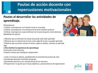 Pautas de acción docente con
repercusiones motivacionales
Pautas al desarrollar las actividades de
aprendizaje.
Recompensas:
1.Utilizar recompensas si el interés inicial es muy bajo
2.Utilizar recompensas si el atractivo de la tarea requiere práctica
3.Utilizar recompensas si para disfrutar de la tarea requiere cierta destreza
Modelado de valores:
1.Mostrar que se afrontan las tareas buscando ante todo aprender
2.Mostrar que se valoran los errores como algo de lo que se puede aprender
3.Mostrar que escuchar incluso al menos capaz es valioso: siempre se aprende
algo
e.Para facilitar la experiencia de aprendizaje:
Interacción entre alumnos.
Proponer tareas que impliquen cooperación:
1.sólo si la tarea es abierta, posibilitando el contraste de puntos de vista
2.prestando atención al tamaño del grupo
3.prestando atención a las características de los alumnos
4.Proporcionar un guión que incluya objetivos y pautas básicas de organización
 