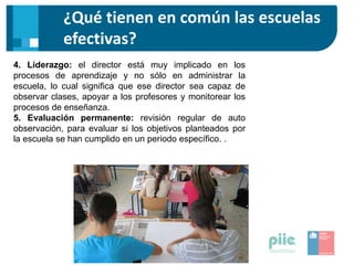 ¿Qué tienen en común las escuelas
efectivas?
4. Liderazgo: el director está muy implicado en los
procesos de aprendizaje y no sólo en administrar la
escuela, lo cual significa que ese director sea capaz de
observar clases, apoyar a los profesores y monitorear los
procesos de enseñanza.
5. Evaluación permanente: revisión regular de auto
observación, para evaluar si los objetivos planteados por
la escuela se han cumplido en un periodo específico. .
 