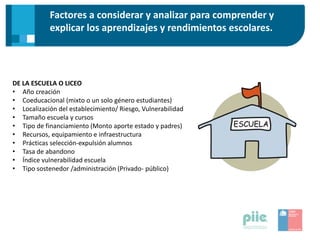 Factores a considerar y analizar para comprender y
explicar los aprendizajes y rendimientos escolares.
DE LA ESCUELA O LICEO
• Año creación
• Coeducacional (mixto o un solo género estudiantes)
• Localización del establecimiento/ Riesgo, Vulnerabilidad
• Tamaño escuela y cursos
• Tipo de financiamiento (Monto aporte estado y padres)
• Recursos, equipamiento e infraestructura
• Prácticas selección-expulsión alumnos
• Tasa de abandono
• Índice vulnerabilidad escuela
• Tipo sostenedor /administración (Privado- público)
 