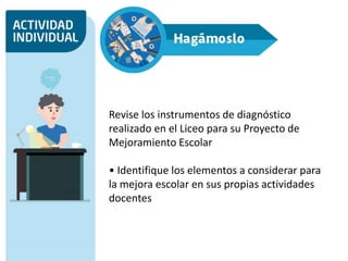 Revise los instrumentos de diagnóstico
realizado en el Liceo para su Proyecto de
Mejoramiento Escolar
• Identifique los elementos a considerar para
la mejora escolar en sus propias actividades
docentes
 