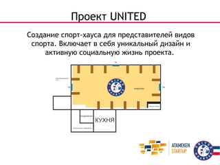 Проект UNITED 
Создание спорт-хауса для представителей видов 
спорта. Включает в себя уникальный дизайн и 
активную социальную жизнь проекта. 
 