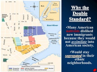 •Many American 
nativists disliked 
new immigrants 
because they would 
not assimilate into 
American society. 
•Would stay 
segregated in their 
ethnic 
neighborhoods. 
 