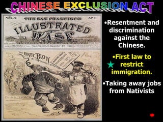 •Resentment and 
discrimination 
against the 
Chinese. 
•First law to 
restrict 
immigration. 
•Taking away jobs 
from Nativists 
Chinese Exclusion Act 1 
 