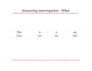 Answering interrogation - What

This
Yaha

is
hai

a
ēka

cat
billī

To view this with Audio and practice games, visit www.CultureAlley.com/Hindi

 