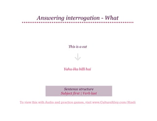 Answering interrogation - What

This is a cat

Yaha ēka billī hai

Sentence structure
Subject first | Verb last
To view this with Audio and practice games, visit www.CultureAlley.com/Hindi

 