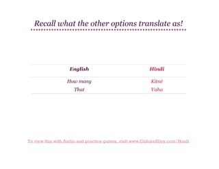 Recall what the other options translate as!

English

Hindi

How many

Kitnē

That

Vaha

To view this with Audio and practice games, visit www.CultureAlley.com/Hindi

 