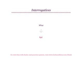 Interrogatives

What

kyā

To view this with Audio and practice games, visit www.CultureAlley.com/Hindi

 