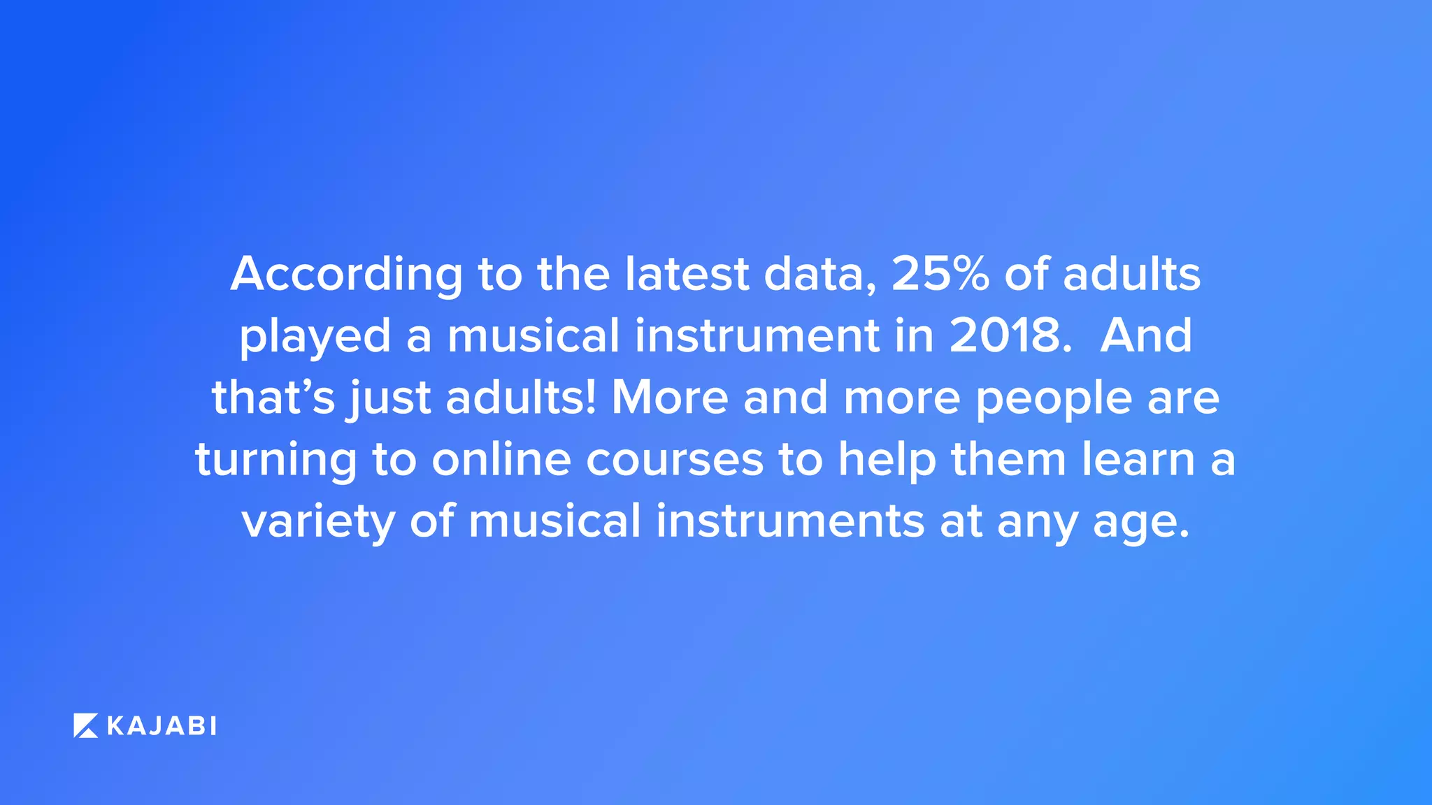 According to the latest data, 25% of adults
played a musical instrument in 2018. And
that’s just adults! More and more people are
turning to online courses to help them learn a
variety of musical instruments at any age.
 