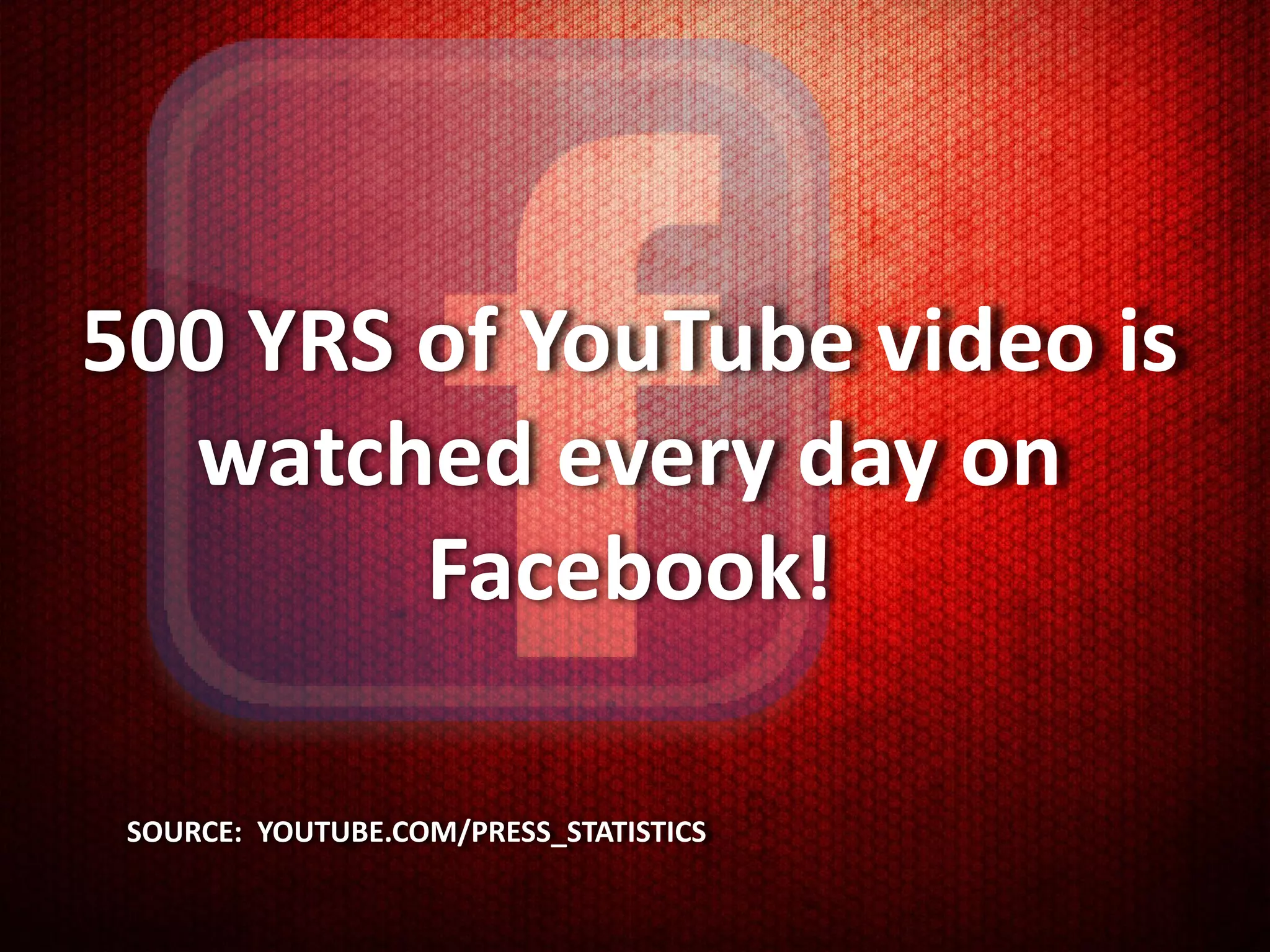 500 YRS of YouTube video is
  watched every day on
        Facebook!

 SOURCE: YOUTUBE.COM/PRESS_STATISTICS
 