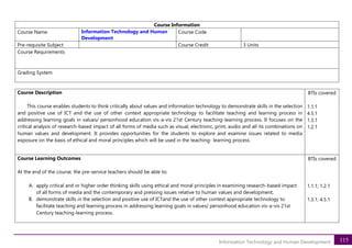 115
Information Technology and Human Development
Course Information
Course Name Information Technology and Human
Development
Course Code
Pre-requisite Subject Course Credit 3 Units
Course Requirements
Grading System
Course Description
This course enables students to think critically about values and information technology to demonstrate skills in the selection
and positive use of ICT and the use of other context appropriate technology to facilitate teaching and learning process in
addressing learning goals in values/ personhood education vis-a-vis 21st Century teaching-learning process. It focuses on the
critical analysis of research-based impact of all forms of media such as visual, electronic, print, audio and all its combinations on
human values and development. It provides opportunities for the students to explore and examine issues related to media
exposure on the basis of ethical and moral principles which will be used in the teaching- learning process.
BTIs covered
1.1.1
4.5.1
1.3.1
1.2.1
Course Learning Outcomes
At the end of the course, the pre-service teachers should be able to:
A. apply critical and or higher order thinking skills using ethical and moral principles in examining research-based impact
of all forms of media and the contemporary and pressing issues relative to human values and development;
B. demonstrate skills in the selection and positive use of ICTand the use of other context appropriate technology to
facilitate teaching and learning process in addressing learning goals in values/ personhood education vis-a-vis 21st
Century teaching-learning process.
BTIs covered
1.1.1; 1.2.1
1.3.1; 4.5.1
 
