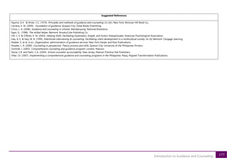 177
Introduction to Guidance and Counseling
Suggested References
Aquino, G.V. & Alviar, C.C. (1979). Principles and methods of guidance and counseling (3rd Ed.). New York: McGraw-Hill Book Co,.
Cervera, V. M. (2009). Foundation of guidance. Quqzpn City: Great Books Publishing.
Cinco, L. A. (2008). Guidance and counseling in schools. Mandaluyong: National Bookstore.
Egan, G. (1998). The skilled helper. Belmont: Brooks/Cole Publishing Co.
Hill, C. E. & O’Brien, K. M. (2003). Helping Skills: Facilitating Exploration, Insight, and Action. Massachusets: American Psychological Association.
Ivey, A. E. & Ivey, M. B. (1999). Intentional interviewing & counseling: Facilitating client development in a multicultural society. 4th Ed. Belmont: Cengage Learning.
Roeber, E. et al. (n.d.). Organization, administration of guidance services. New York Harper and Row Publications.
Rosales, L. R. (2000). Counseling in perspective: Theory process and skills. Quezon City: University of the Philippines Printers.
Schmidt, J. (2005). Comprehensive counseling and guidance program. London: Pearson.
Stone, C.B. and Dahir, C.A. (2004). School counselor accountability. New Jersey: Pearson Prentice Hall Publishers.
Villar, I.V. (2007). Implementing a comprehensive guidance and counseling programs in the Philippines. Pasig: Aligned Transformation Publications.
 