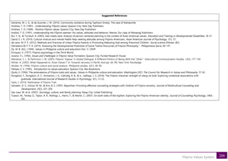 208
Filipino Values System
Suggested References
Adviento, M. L. G., & de Guzman, J. M. (2010). Community resilience during Typhoon Ondoy: The case of Ateneoville.
Andress, T. D. (1981). Understanding Filipino values. Quezon City: New Day Publishers
Andress, T. D. (1989). Positive Filipino values. Quezon City: New Day Publishers
Andres, T. D. (1991). Understanding the Filipino seaman: His values, attitudes and behavior. Manila: Our Lady of Manaoag Publishers.
Bui, Y. N., & Turnbull, A. (2003). East meets west: Analysis of person-centered planning in the context of Asian American values. Education and Training in Developmental Disabilities, 18-31.
David, E. J. R. (2010). Cultural mistrust and mental health help-seeking attitudes among Filipino Americans. Asian American Journal of Psychology, 1(1), 57.
de Leon, M. P. E. (2012). Methods and Practices of Urban Filipino Parents in Promoting Mabuting Asal among Preschool Children. Social science Diliman, 8(2).
Demeterio III, F. P. A. (2014). Assessing the Developmental Potentials of Some Twelve Discourses of Filipino Philosophy,”. Philippiniana Sacra, 69, 147.
Dy, M. B. (Ed.). (1994). Values in Philippine culture and education (Vol. 1). CRVP.
Enriquez, V. (1977). Filipino psychology in the Third World.
Jocano, F.L. (1992). Issues and Challenges in Filipino Value Formation. Quezon City: Punlad Research House
Mendoza, S. L., & Perkinson, J. W. (2003). Filipino" Kapwa" in Global Dialogue: A Different Politics of Being-With the" Other". Intercultural Communication Studies, 12(4), 177-194.
Milner, A. (2002). What Happened to ‘Asian Values’?. In Towards recovery in Pacific Asia (pp. 66-78). New York: Routledge.
Mulder, N. (1994). Filipino culture and social analysis. Philippine studies, 42(1), 80-90.
Palispis, E. S. (1995). Introduction to values education. Quezon City: Rex Bookstore.
Quito, E. (1994). The ambivalence of Filipino traits and values. Values in Philippine culture and education. Washington (DC): The Council for Research in Values and Philosophy, 57-62.
Rungduin, T., Rungduin, D. C., Aninacion, J. G., Catindig, R. B., & Jr., Gallogo, L. S. (2016). The Filipino character strength of utang na loob: Exploring contextual associations with
gratitude. International Journal of Research Studies in Psychology, 5(1), 13-23.
Saito, I. (2010). Pakikisama: A Filipino Trait.
Salvador, D. S., Omizo, M. M., & Kim, B. S. (1997). Bayanihan: Providing effective counseling strategies with children of Filipino ancestry. Journal of Multicultural Counseling and
Development, 25(3), 201-209.
San Juan, W. et al. (2007). Sociology, culture, and family planning. Pasay City: Unlad Publishing.
Tuason, M., Teresa, G., Taylor, A. R., Rollings, L., Harris, T., & Martin, C. (2007). On both sides of the hyphen: Exploring the Filipino-American identity. Journal of Counseling Psychology, 54(4),
362.
 
