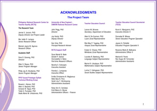 2
ACKNOWLEDGMENTS
The Project Team
Philippine National Research Center for
Teacher Quality (RCTQ)
University of New England -
SiMERR National Research Center
Teacher Education Council
Teacher Education Council Secretariat
(TECS)
The Research Team
Jennie V. Jocson, PhD
Deputy Director and Project Leader
Ma. Izella D. Lampos
Senior Research Officer
Mariam Jayne M. Agonos
Research Officer
Academic Staff
Gina O. Gonong, PhD
Director
Allan S. Reyes, PhD
Senior Program Manager
Philip Jay N. Alcoberes, PhD
Senior Program Manager
PPST-based Prototype Syllabi
Technical Working Group
Rosario I. Alonzo, PhD
Allen U. Bautista, PhD
Corazon B. Sigua, PhD
Twila G. Punsalan, PhD
Stella Marie M. Urbiztondo, PhD
John Pegg, PhD
Director
Joy Hardy, PhD
Deputy Director
Ken Vine, PhD
Principal Research Adviser
RCTQ Support Staff
Dyna Mariel B. Bade
Gerald P. Santos
Donnadette S. Belza
Part-time Research Officers
Beverly E. Estocapio
Executive Assistant
Pamela L. Lamparas
Executive Officer
Emille Christianne B. Magbanua
Nikki Boie B. Pino
Sarah Joy T. Alimboyong
Administrative Assistants
Ruby Ann G. Gantalao
Emil Marco A. Munar
Administrative Officers - Finance
Leonor M. Briones
Secretary, Department of Education
Allan B. De Guzman, PhD
Luzon Zonal Representative
Rita May P. Tagalog, PhD
Visayas Zonal Representative
Evelyn G. Chavez, PhD
Mindanao Zonal Representative
Lourdes R. Baetiong, PhD
Language Subject Representative
Myrna B. Libutaque, PhD
Mathematics Subject Representative
Lorina Y. Calingasan, PhD
Social Studies Subject Representative
Runvi V. Manguerra, PhD
Executive Director II
Donnabel B. Bihasa
Senior Education Program Specialist
Jayson A. Peñafiel
Education Program Specialist II
Rosanna Marie B. Balbuena
Administrative Officer II
Maricel B. Flores
Rex Augus M. Fernandez
Administrative Assistants
2
 