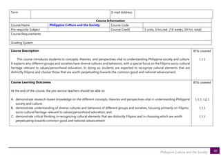 40
Philippine Culture and the Society
Term E-mail Address
Course Information
Course Name Philippine Culture and the Society Course Code
Pre-requisite Subject Course Credit 3 units, 3 hrs./wk. (18 weeks, 54 hrs. total)
Course Requirements:
Grading System
Course Description
This course introduces students to concepts, theories, and perspectives vital to understanding Philippine society and culture.
It explains why different groups and societies have diverse cultures and behaviors, with a special focus on the Filipino socio-cultural
heritage relevant to values/personhood education. In doing so, students are expected to recognize cultural elements that are
distinctly Filipino and choose those that are worth perpetuating towards the common good and national advancement.
BTIs covered
1.1.1
Course Learning Outcomes
At the end of the course, the pre-service teachers should be able to:
A. demonstrate research-based knowledge on the different concepts, theories and perspectives vital in understanding Philippine
society and culture;
B. demonstrate understanding of diverse cultures and behaviors of different groups and societies, focusing primarily on Filipino
socio-cultural heritage relevant to values/personhood education; and
C. demonstrate critical thinking in recognizing cultural elements that are distinctly Filipino and in choosing which are worth
perpetuating towards common good and national advancement.
BTIs covered
1.1.1; 1.2.1
1.1.1
1.1.1
 