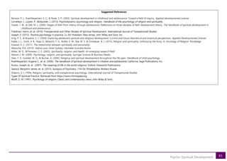 81
Psycho-Spiritual Development
Suggested References
Benson, P. L., Roehlkepartain, E. C., & Rude, S. P. (2003). Spiritual development in childhood and adolescence: Toward a field of inquiry. Applied developmental science.
Corveleyn, J., Luyten, P., &Dezutter, J. (2013). Psychodynamic psychology and religion. Handbook of the psychology of religion and spirituality.
Fowler, J. W., & Dell, M. L. (2006). Stages of faith from infancy through adolescence: Reflections on three decades of faith development theory. The handbook of spiritual development in
childhood and adolescence.
Friedman, Harris, et. al. (2010). Transpersonal and Other Models of Spiritual Development. International Journal of Transpersonal Studies.
Joseph, S. (2015). Positive psychology in practice, 2nd Ed. Hoboken, New Jersey: John Wiley and Sons, Inc.
King, P. E., & Boyatzis, C. J. (2004). Exploring adolescent spiritual and religious development: Current and future theoretical and empirical perspectives. Applied Developmental Science
Kadar, J. L., Scott, A. B., Hipp, K., Belavich, T. G., Butfer, E. M., Rye, M. S. & Zinnbauer, B. J. (2015). Religion and spirituality: Unfuzzying the fuzzy. In Sociology of Religion Routledge.
Koessel, K. C. (2011). The relationship between spirituality and personality.
Manocha. R.R. (2019). Silence your mind. Sydney: Hachette Australia Books.
Miller, W. R., &Thoresen, C. E. (2003). Spirituality, religion, and health: An emerging research field.
Nelson, J. M. (2009). Psychology, religion, and spirituality. Springer Science & Business Media.
Oser, F. K., Scarlett, W. G., & Bucher, A. (2006). Religious and spiritual development throughout the life span. Handbook of child psychology.
Roehlkepartain, Eugene C., et. al. (2006). The handbook of spiritual development in children and adolescents. California: Sage Publications, Inc.
Runzo, Joseph, et. al. (2007). The meaning of life in the world religions. Oxford: Oneworld Publications.
Sadock, Benjamin James, et. al. (2015). Synopsis of Psychiatry. 11th Ed. Philadelphia: Wolters Kluwer.
Shapiro, S. I. (1994). Religion, spirituality, and transpersonal psychology. International Journal of Transpersonal Studies
Types Of Spiritual Practice. Retrieved from https://www.chinmayala.org
Wulff, D. M. (1991). Psychology of religion: Classic and contemporary views. John Wiley & Sons.
 