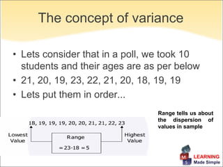 The concept of variance

• Lets consider that in a poll, we took 10
  students and their ages are as per below
• 21, 20, 19, 23, 22, 21, 20, 18, 19, 19
• Lets put them in order...
                                Range tells us about
                                the dispersion of
                                values in sample




                                            LEARNING
                                            Made Simple
 
