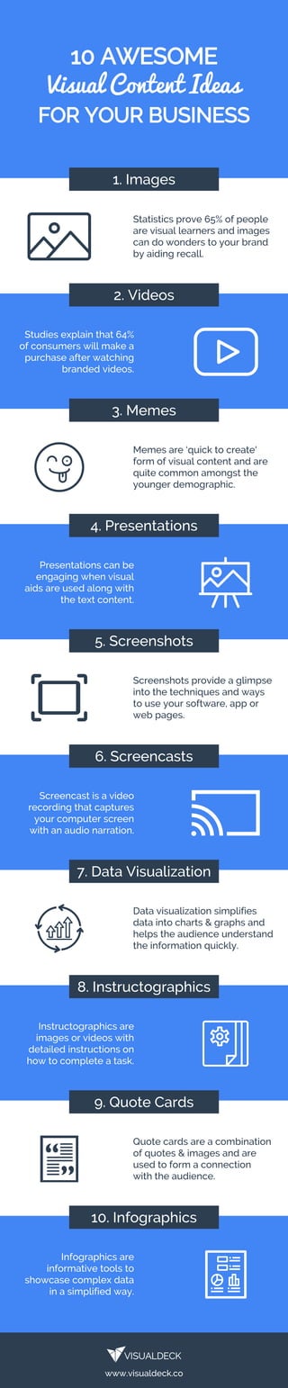 FOR YOUR BUSINESS
Visual Content Ideas
10 AWESOME
1. Images
2. Videos
3. Memes
4. Presentations
5. Screenshots
6. Screencasts
7. Data Visualization
8. Instructographics
9. Quote Cards
10. Infographics
www.visualdeck.co
Statistics prove 65% of people
are visual learners and images
can do wonders to your brand
by aiding recall.
Studies explain that 64%
of consumers will make a
purchase after watching
branded videos.
Presentations can be
engaging when visual
aids are used along with
the text content.
Screencast is a video
recording that captures
your computer screen
with an audio narration.
Instructographics are
images or videos with
detailed instructions on
how to complete a task.
Infographics are
informative tools to
showcase complex data
in a simplified way.
Memes are ‘quick to create'
form of visual content and are
quite common amongst the
younger demographic.
Screenshots provide a glimpse
into the techniques and ways
to use your software, app or
web pages.
Data visualization simplifies
data into charts & graphs and
helps the audience understand
the information quickly.
Quote cards are a combination
of quotes & images and are
used to form a connection
with the audience.
 