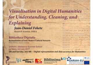 Bibliotheca Digitalis
Reconstitution of Early Modern Cultural Networks
From Primary Source to Data
DARIAH / Biblissima Summer School
Le Mans, 4-8 July 2017
Visualisation in Digital Humanities
for Understanding, Cleaning, and
Explaining
5th and last day, July 8th – Digital representation and data accuracy for Humanities
Jean-Daniel Fekete
Research Scientist, INRIA
 