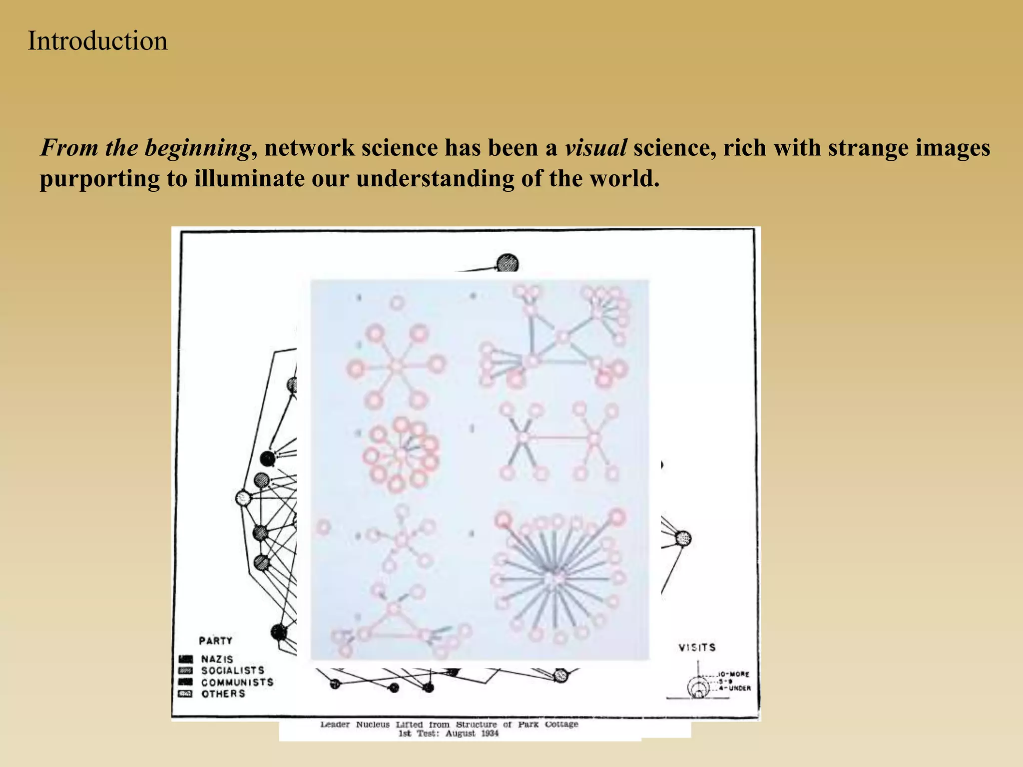 Introduction
From the beginning, network science has been a visual science, rich with strange images
purporting to illuminate our understanding of the world.
 