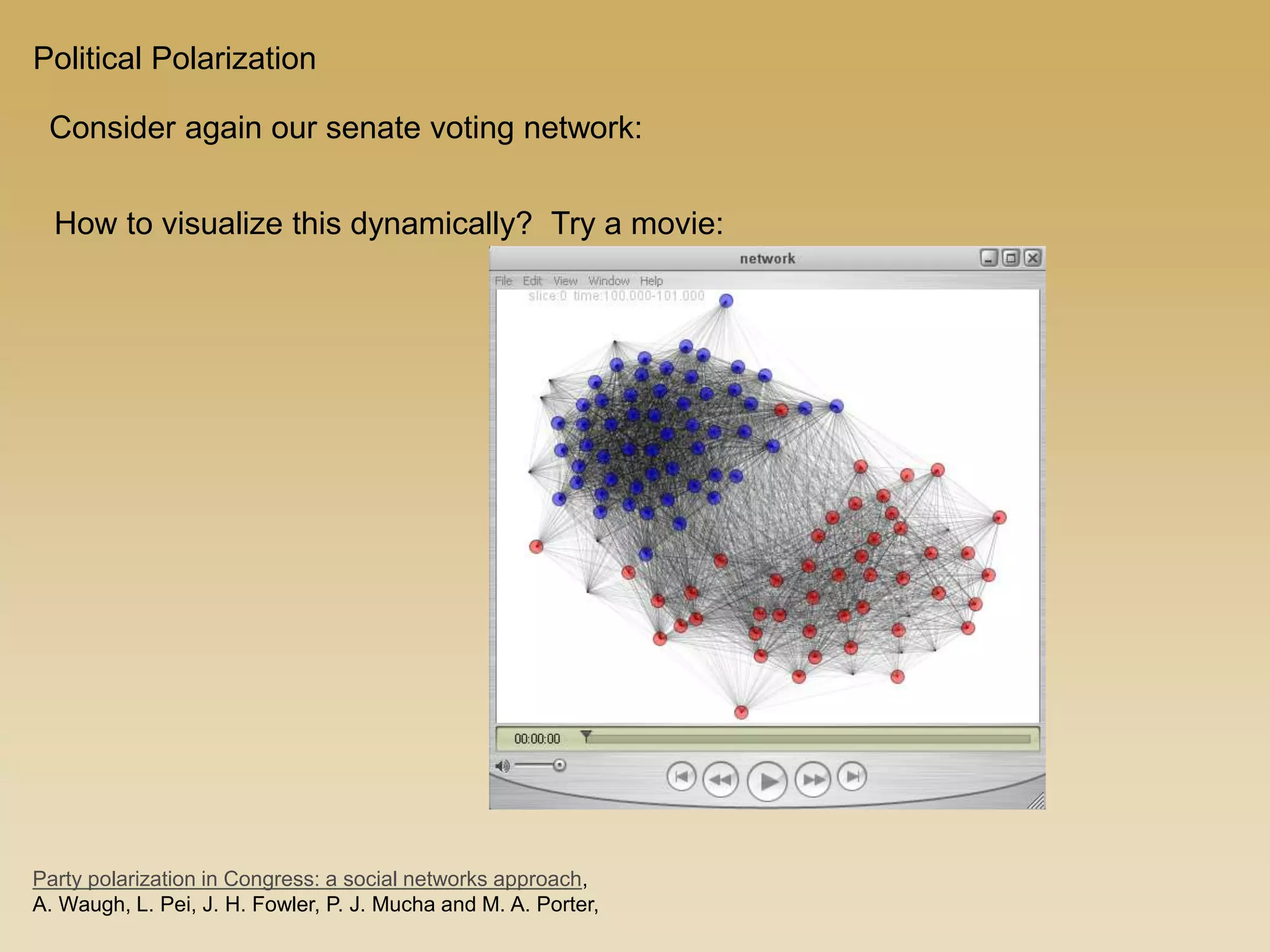 Political Polarization
Consider again our senate voting network:
How to visualize this dynamically? Try a movie:
Party polarization in Congress: a social networks approach,
A. Waugh, L. Pei, J. H. Fowler, P. J. Mucha and M. A. Porter,
 