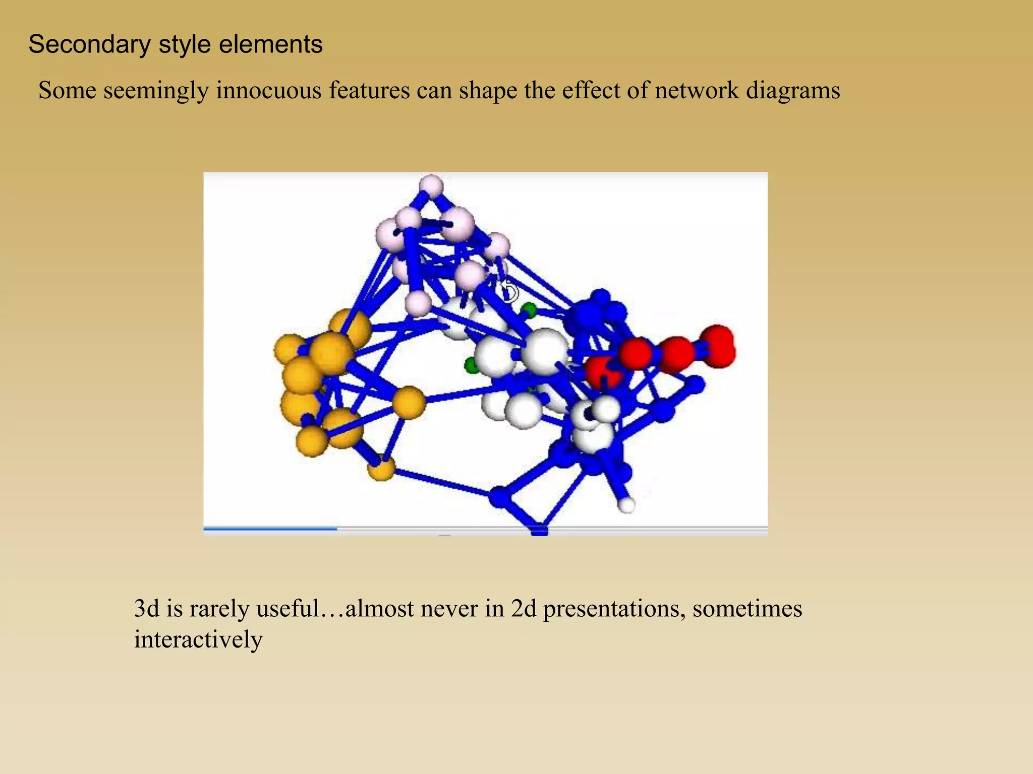 Secondary style elements
Some seemingly innocuous features can shape the effect of network diagrams
3d is rarely useful…almost never in 2d presentations, sometimes
interactively
 