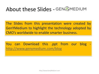 About these Slides -

The Slides from this presentation were created by
GenYMedium to highlight the technology adopted by
...