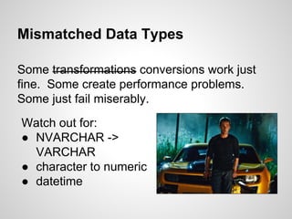 Mismatched Data Types
Wrong. So wrong.
Some comparisons should never be made.
 