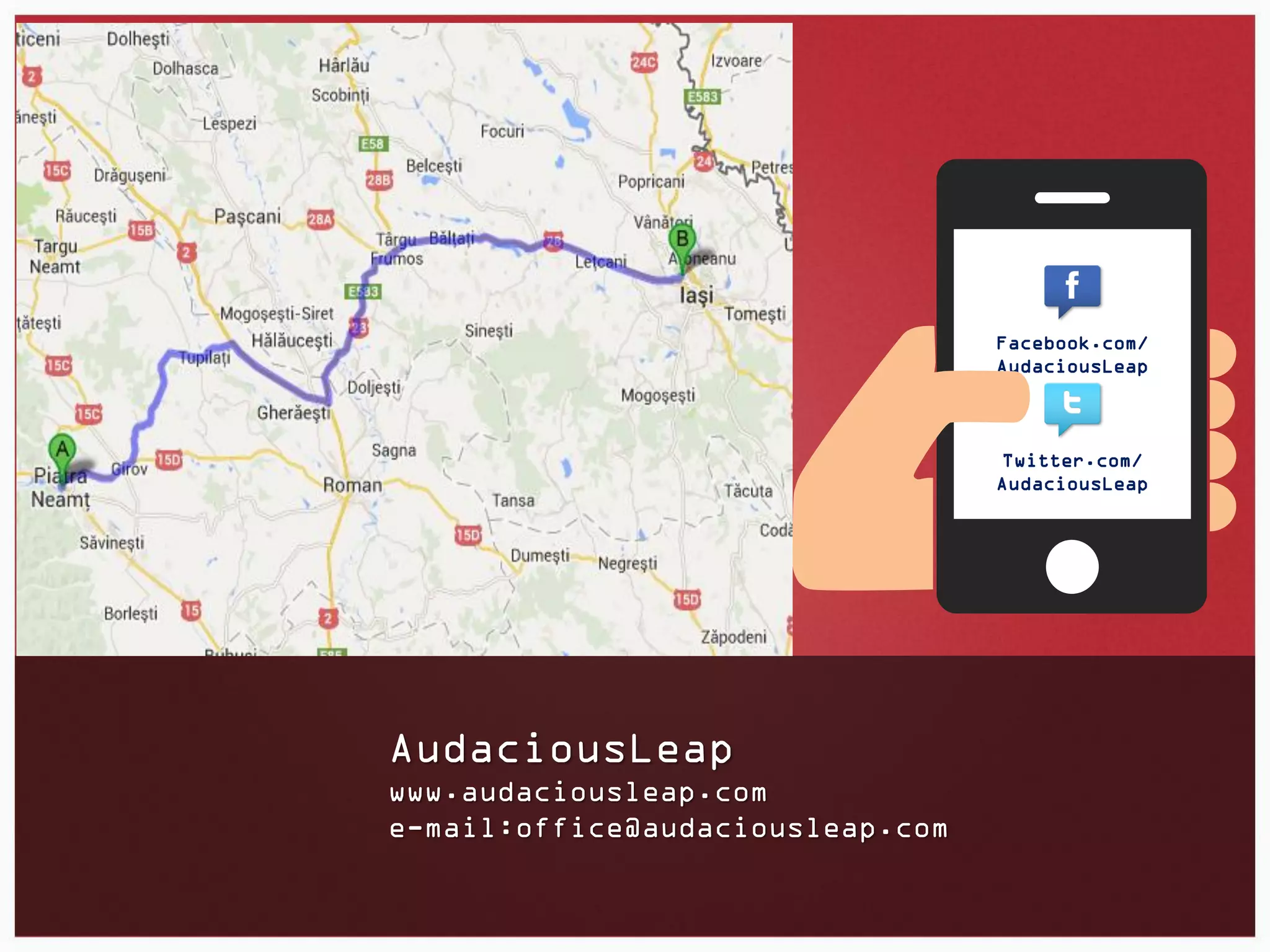 Facebook.com/
AudaciousLeap

Twitter.com/
AudaciousLeap

AudaciousLeap
www.audaciousleap.com
e-mail:office@audaciousleap.com

 