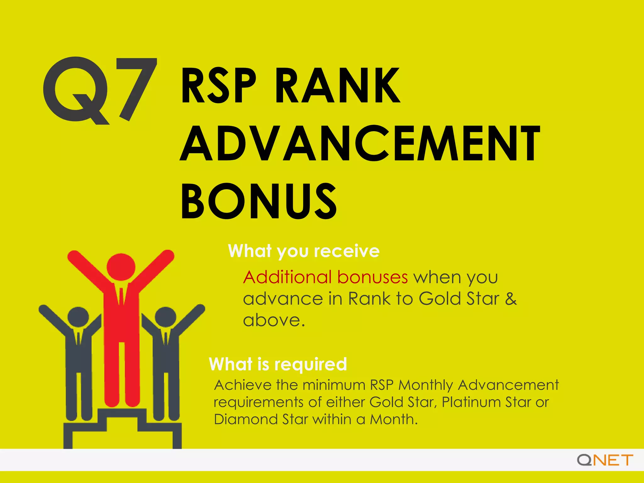 Q7 RSP RANK
ADVANCEMENT
BONUS
What you receive
What is required
Additional bonuses when you
advance in Rank to Gold Star &
above.
Achieve the minimum RSP Monthly Advancement
requirements of either Gold Star, Platinum Star or
Diamond Star within a Month.
 