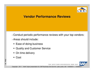 Vendor Performance Reviews




             Conduct periodic performance reviews with your top vendors:
             Areas should include:
                 Ease of doing business
                 Quality and Customer Service
                 On time delivery
                 Cost
Slide 26




           Copyright 2011 * Keith Taylor presentation for: SAP Business One Summit Lake Lanier, GA * 10/26/2011 – 10/28/2011
 