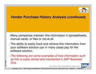 Vendor Purchase History Analysis (continued)




           Many companies maintain this information in spreadsheets,
           manual cards, or files or not at all.
           The ability to easily track and retrieve this information from
           your software solution can in many cases pay for the
           software solution.
           The following are some examples of how information such
           as this is easily stored and maintained in SAP Business
Slide 29




           One.
            Copyright 2011 * Keith Taylor presentation for: SAP Business One Summit Lake Lanier, GA * 10/26/2011 – 10/28/2011
 