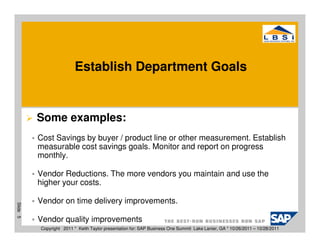Establish Department Goals


          Some examples:
          Cost Savings by buyer / product line or other measurement. Establish
          measurable cost savings goals. Monitor and report on progress
          monthly.

          Vendor Reductions. The more vendors you maintain and use the
          higher your costs.

          Vendor on time delivery improvements.
Slide 5




          Vendor quality improvements
          Copyright 2011 * Keith Taylor presentation for: SAP Business One Summit Lake Lanier, GA * 10/26/2011 – 10/28/2011
 