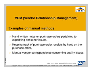 VRM (Vendor Relationship Management)


          Examples of manual methods:

            Hand written notes on purchase orders pertaining to
            expediting and other issues.
            Keeping track of purchase order receipts by hand on the
            purchase order.
            Manual vendor correspondence concerning quality issues.
Slide 8




           Copyright 2011 * Keith Taylor presentation for: SAP Business One Summit Lake Lanier, GA * 10/26/2011 – 10/28/2011
 