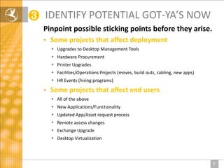 ❸ IDENTIFY POTENTIAL GOT-YA’S NOW
  Pinpoint possible sticking points before they arise.
     Some projects that affect deployment
       Upgrades to Desktop Management Tools
       Hardware Procurement
       Printer Upgrades
       Facilities/Operations Projects (moves, build outs, cabling, new apps)
       HR Events (hiring programs)

     Some projects that affect end users
       All of the above
       New Applications/Functionality
       Updated App/Asset request process
       Remote access changes
       Exchange Upgrade
       Desktop Virtualization




                                                                                9
 