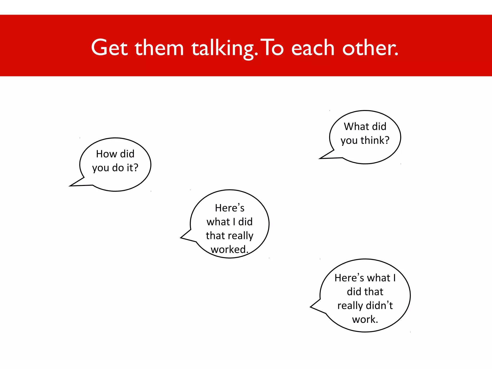 Get them talking. To each other.
What did
you think?

How did
you do it?
Here’s
what I did
that really
worked.

Here’s what I
did that
really didn’t
work.

 