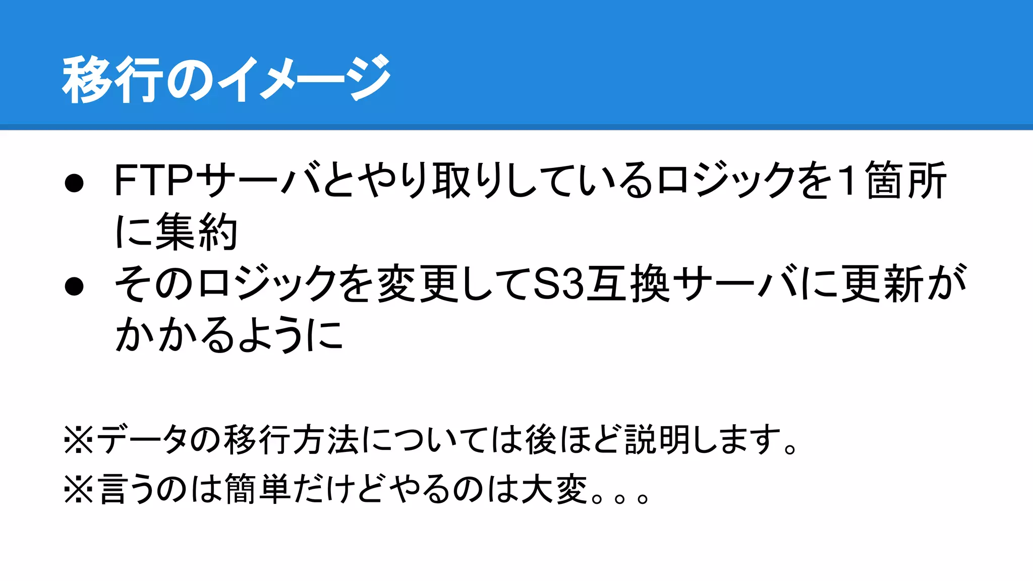 移行のイメージ
● FTPサーバとやり取りしているロジックを１箇所
に集約
● そのロジックを変更してS3互換サーバに更新が
かかるように
※データの移行方法については後ほど説明します。
※言うのは簡単だけどやるのは大変。。。
 