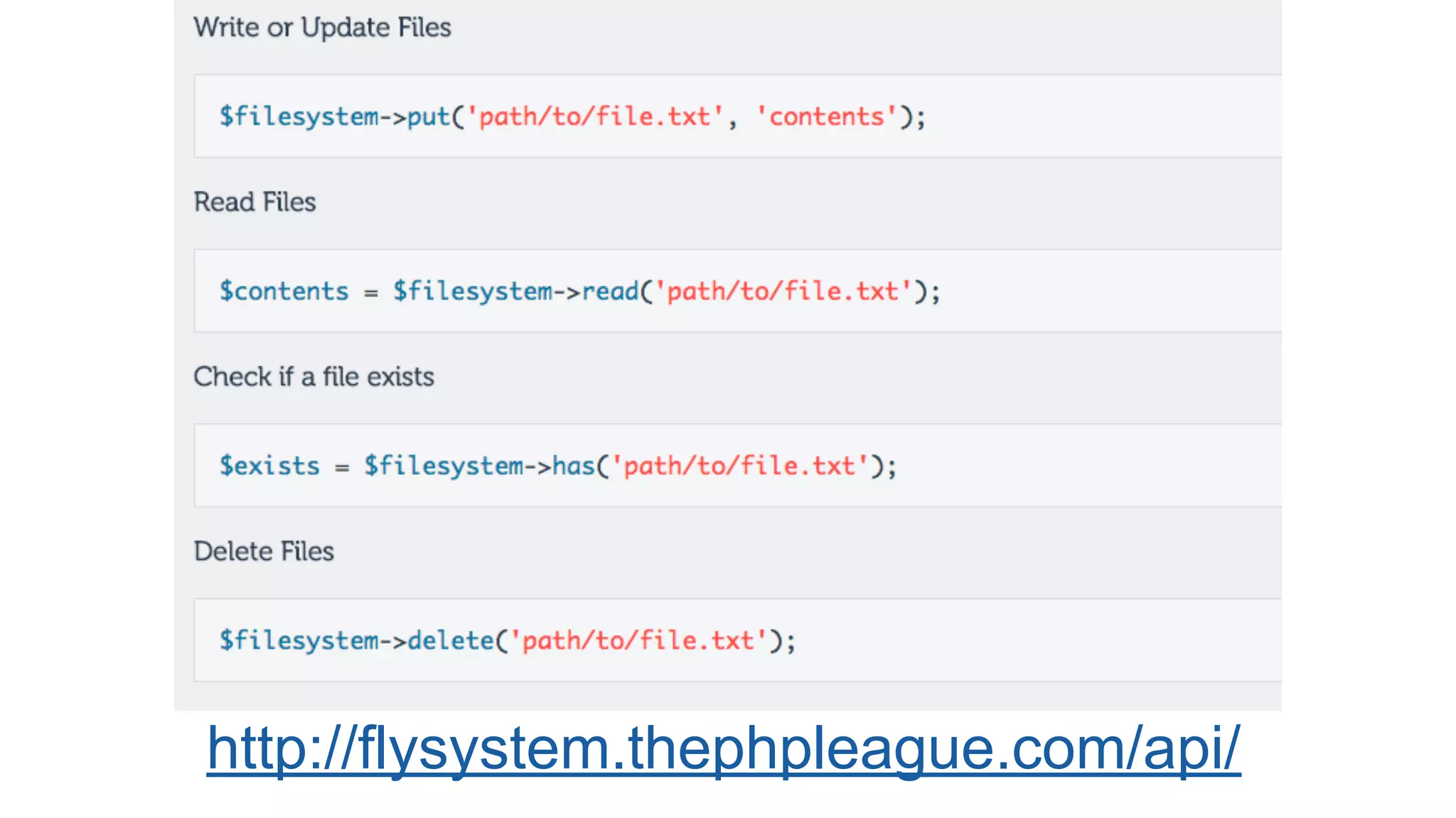 http://flysystem.thephpleague.com/api/
 
