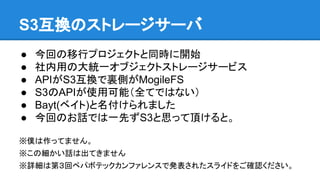 S3互換のストレージサーバ
● 今回の移行プロジェクトと同時に開始
● 社内用の大統一オブジェクトストレージサービス
● APIがS3互換で裏側がMogileFS
● S3のAPIが使用可能（全てではない）
● Bayt(ベイト)と名付けられました
● 今回のお話では一先ずS3と思って頂けると。
※僕は作ってません。
※この細かい話は出てきません
※詳細は第３回ペパボテックカンファレンスで発表されたスライドをご確認ください。
 