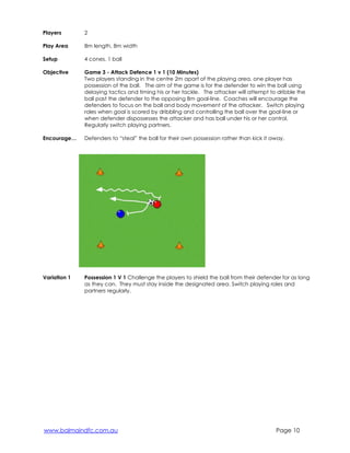Players 
2 
Play Area 
8m length, 8m width 
Setup 
4 cones, 1 ball 
Objective 
Game 3 - Attack Defence 1 v 1 (10 Minutes) 
Two players standing in the centre 2m apart of the playing area, one player has 
possession of the ball. The aim of the game is for the defender to win the ball using 
delaying tactics and timing his or her tackle. The attacker will attempt to dribble the 
ball past the defender to the opposing 8m goal-line. Coaches will encourage the 
defenders to focus on the ball and body movement of the attacker. Switch playing 
roles when goal is scored by dribbling and controlling the ball over the goal-line or 
when defender dispossesses the attacker and has ball under his or her control. 
Regularly switch playing partners. 
Encourage… Defenders to “steal” the ball for their own possession rather than kick it away. 
Variation 1 Possession 1 V 1 Challenge the players to shield the ball from their defender for as long 
as they can. They must stay inside the designated area. Switch playing roles and 
partners regularly. 
www.balmaindfc.com.au Page 10 
 
