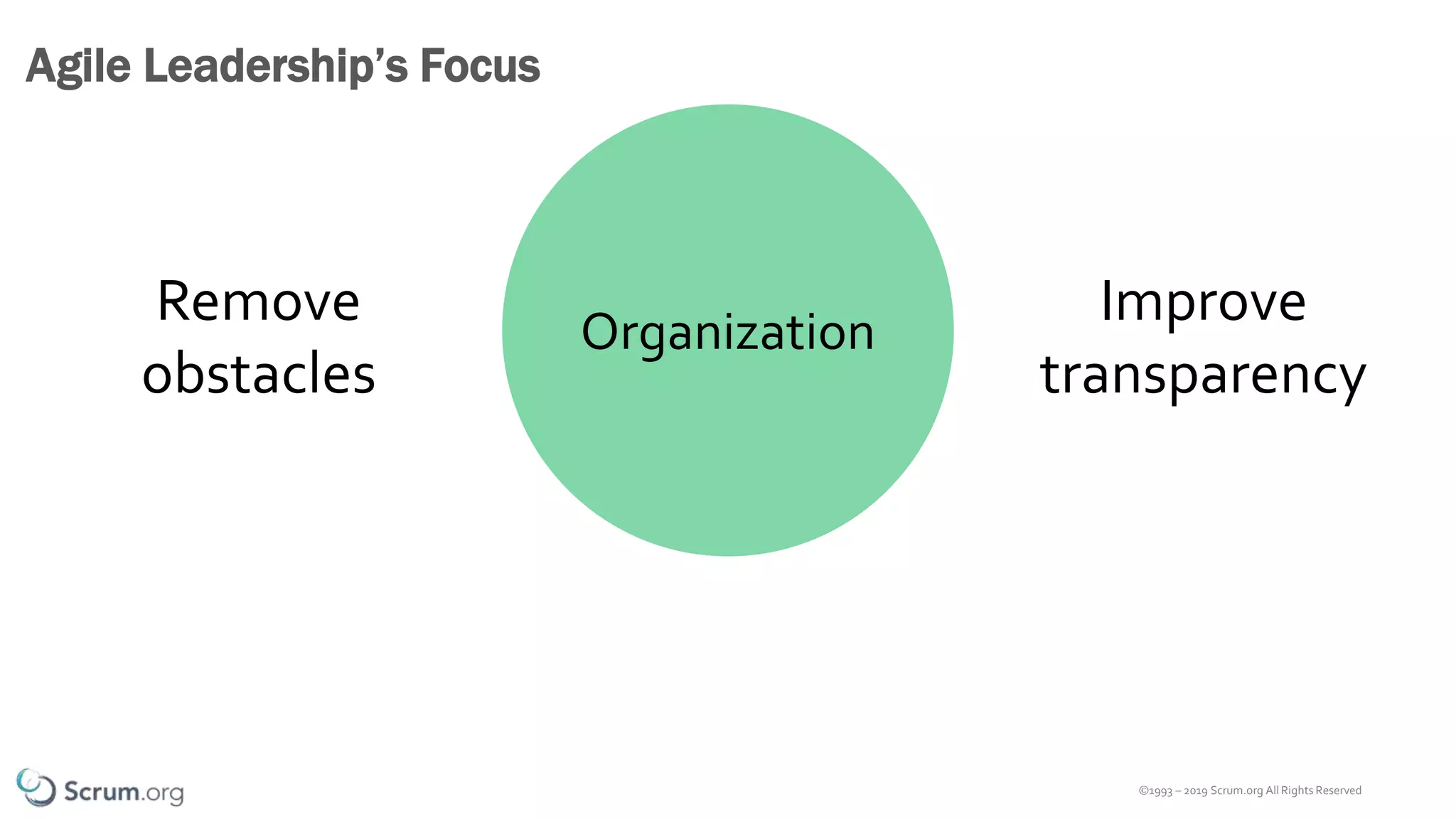 ©1993 – 2019 Scrum.org All Rights Reserved
Agile Leadership’s Focus
Organization
Remove
obstacles
Improve
transparency
 