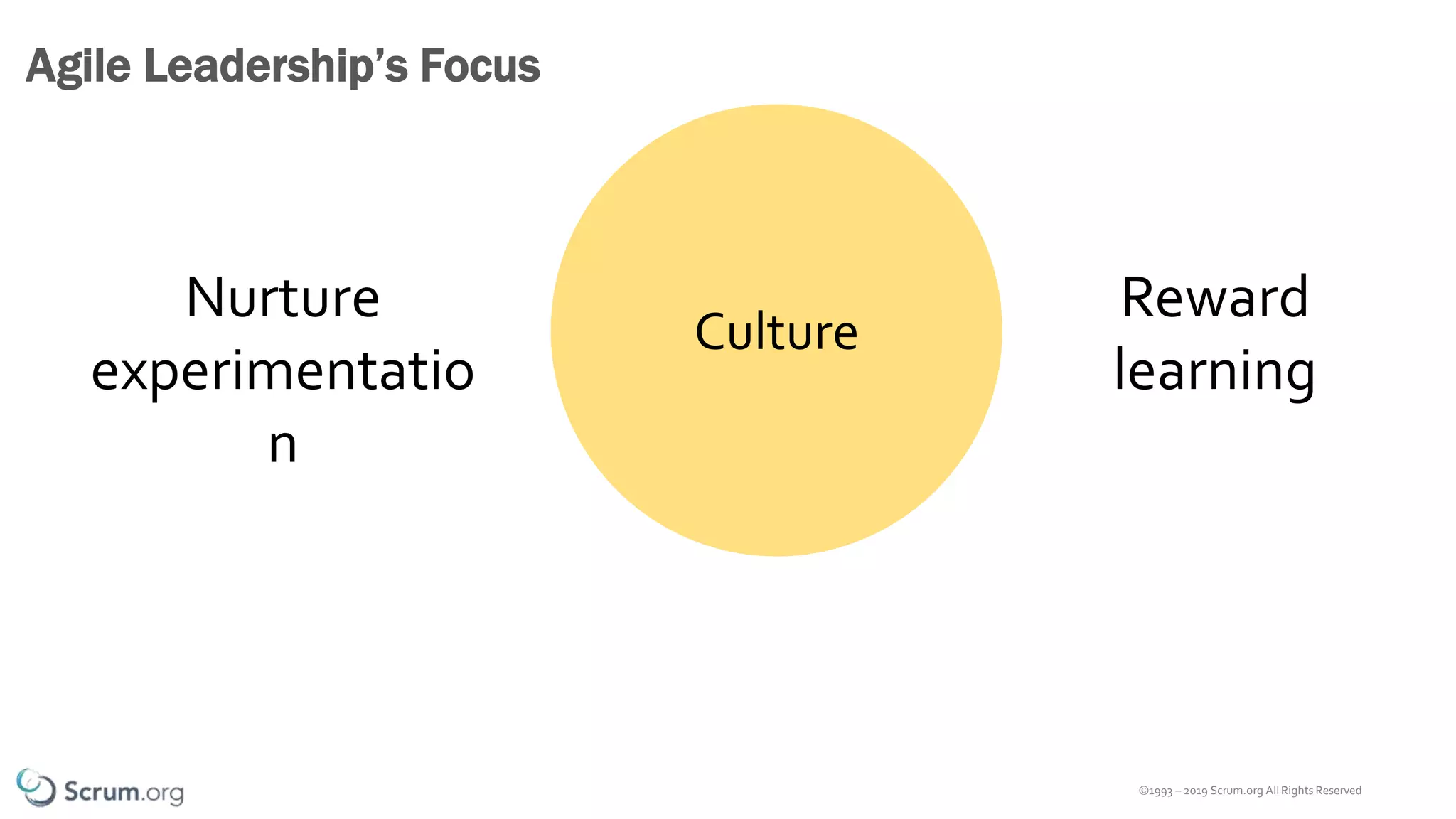 ©1993 – 2019 Scrum.org All Rights Reserved
Agile Leadership’s Focus
Culture
Nurture
experimentatio
n
Reward
learning
 