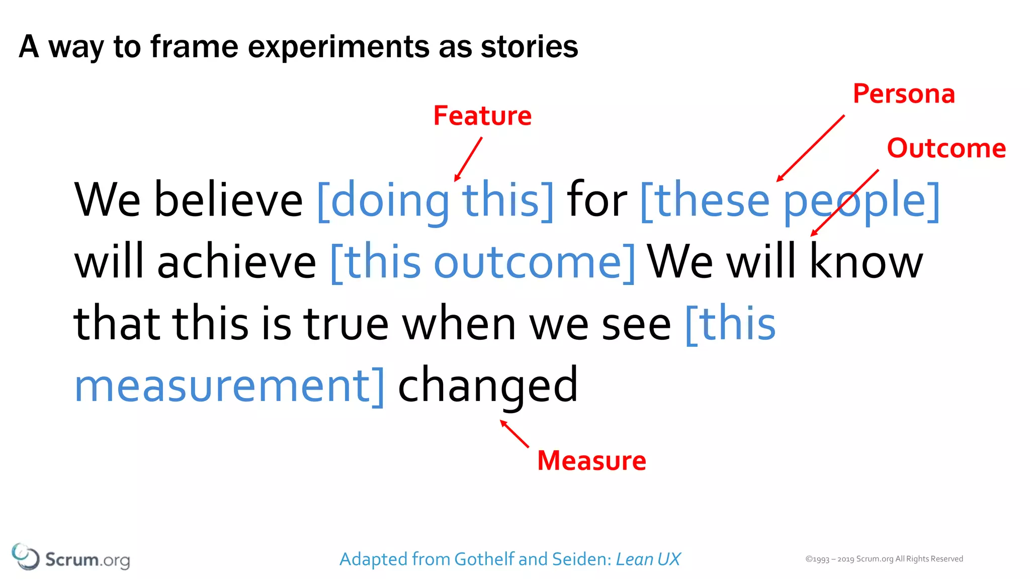 ©1993 – 2019 Scrum.org All Rights Reserved
A way to frame experiments as stories
Adapted from Gothelf and Seiden: Lean UX
We believe [doing this] for [these people]
will achieve [this outcome] We will know
that this is true when we see [this
measurement] changed
Feature
Persona
Outcome
Measure
 
