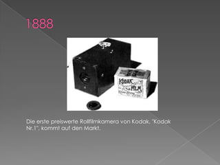 1888Die erste preiswerte Rollfilmkamera von Kodak, "Kodak Nr.1", kommt auf den Markt.