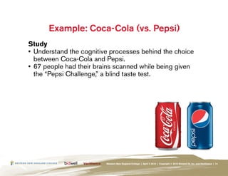 Example: Coca-Cola (vs. Pepsi)
Study
•	 Understand the cognitive processes behind the choice
   between Coca-Cola and Pepsi.
•	 67 people had their brains scanned while being given
   the “Pepsi Challenge,” a blind taste test.




                         Western New England College | April 7, 2010 | Copyright © 2010 Bidwell ID, Inc. and Verilliance | 14
 